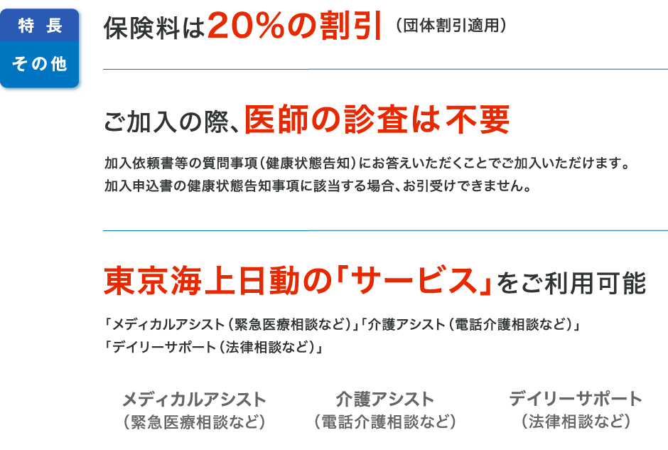 特長その他 保険料は20%の割引(団体割引適用) ご加入の際、医師の診査は不要 東京海上日動の「サービス」をご利用可能