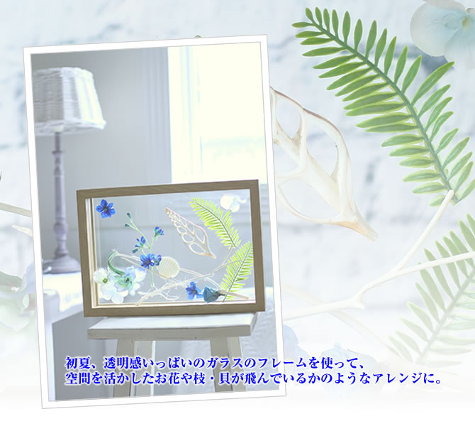 初夏、透明感いっぱいのガラスのフレームを使って、空間を活かしたお花や枝・貝が飛んでいるかのようなアレンジに。