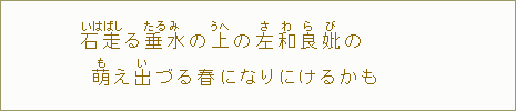 石走<いしばし>る垂水<たるみ>の上<うへ>の左和良妣<さわらび>の萌<も>え出<い>づる春になりにけるかも