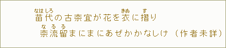 苗【なは】代【しろ】の古奈宜が花を衣【きぬ】に摺【す】り奈流留【なるる】まにまにあぜかかなしけ(作者未詳)