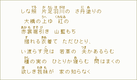 しな照【てる】 片【か】足【たし】羽【は】川【がは】の さ丹【に】塗【ぬ】りの 大橋の上【うへ】ゆ 紅【くれなゐ】の 赤【あか】裳【も】裾【すそ】引【び】き 山藍もち 摺【す】れる衣【きぬ】着て ただひとり、 い渡らす児【こ】は 若草の 夫【つま】かあるらむ 橿【かし】の実の ひとりか寝【ぬ】らむ 問【と】はまくの 欲【ほ】しき我【わき】妹【も】が 家の知らなく
