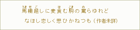 馬【うま】柵【せ】越【ご】しに麦はむ駒【こま】の罵【の】らゆれどなほし恋しく思ひかてなく(作者未詳)