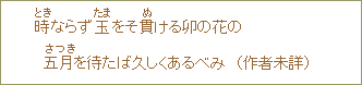 時(とき)ならず玉(たま)をそ貫(ぬ)ける卯の花の 五月(さつき)を待たば久しくあるべみ (作者未詳)