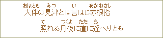 大伴(おほとも)の見津(みつ)とは言(い)はじ赤根指(あかねさし)照(て)れる月夜(つくよ)に直(ただ)に逢(あ)へりとも