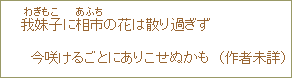 我妹子に相市の花は散りすぎず今咲けるごとにありこせぬかも(作者未詳)