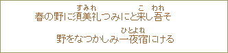 春の野に須美礼つみにと来し吾そ野をなつかしみ一夜宿<ひとよね>にける