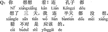 中国語：考えてごらんよ。孔子様でさえ三日間考えた。僕は半日（さえ）も考えていない、正しく当てられないのは当たり前だよ。
