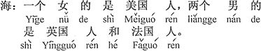 中国語：一人は女性でアメリカ人、二人の男性はイギリス人とフランス人。