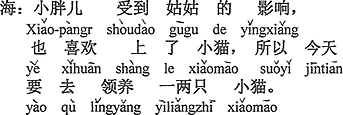 中国語：小デブちゃんはおばさんの影響を受けて、仔猫が好きになり、だから今日は一二匹の仔猫をもらいに行ったのです。